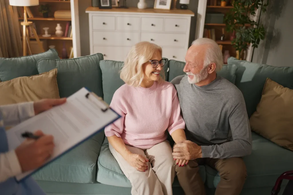Senior couple discussing short term respite care